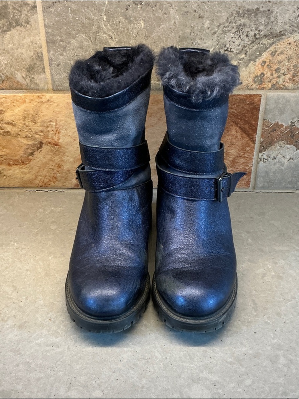 Women's Navy Blue Shearling-Lined Leather Ankle Boots with Buckle